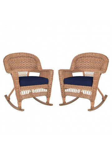 Honey Rocker Wicker Chair with Midnight Blue Cushion -  Set of 2
