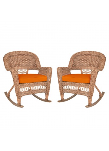 Honey Rocker Wicker Chair with Orange Cushion -  Set of 2