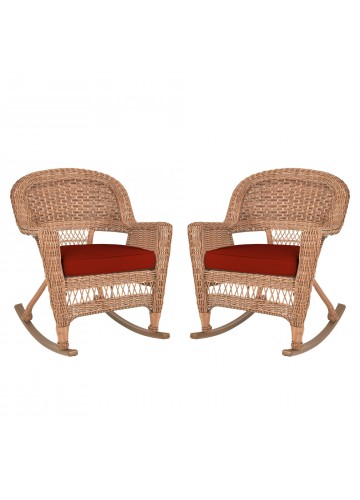 Honey Rocker Wicker Chair with Brick Red Cushion -  Set of 2
