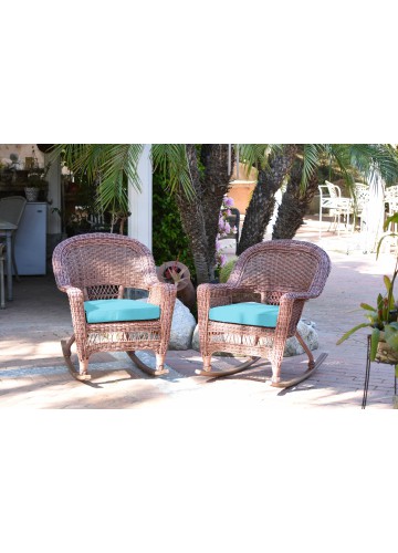 Honey Rocker Wicker Chair with Sky Blue Cushion -  Set of 2