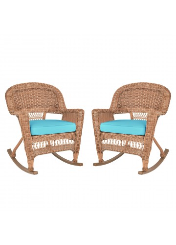 Honey Rocker Wicker Chair with Sky Blue Cushion -  Set of 2