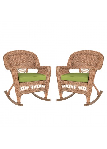 Honey Rocker Wicker Chair with Sage Green Cushion -  Set of 2