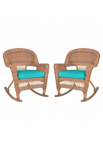 Honey Rocker Wicker Chair with Turquoise Cushion -  Set of 2