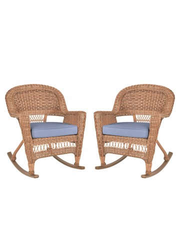 Honey Rocker Wicker Chair with Steel Blue Cushion -  Set of 2