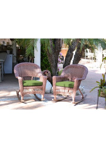 Honey Rocker Wicker Chair with Hunter Green Cushion -  Set of 2