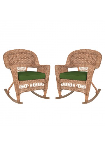 Honey Rocker Wicker Chair with Hunter Green Cushion -  Set of 2