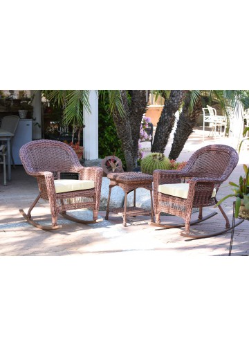 3pc Honey Rocker Wicker Chair Set With Ivory Cushion