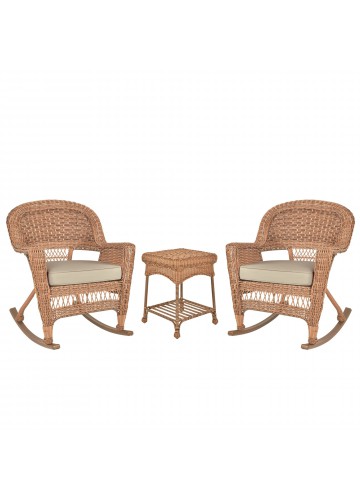 3pc Honey Rocker Wicker Chair Set With Tan Cushion