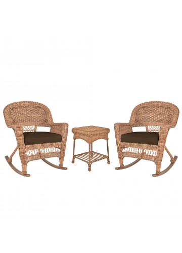 3pc Honey Rocker Wicker Chair Set With Brown Cushion