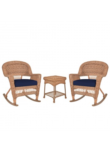 3pc Honey Rocker Wicker Chair Set With Midnight Blue Cushion