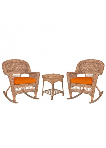 3pc Honey Rocker Wicker Chair Set With Orange Cushion