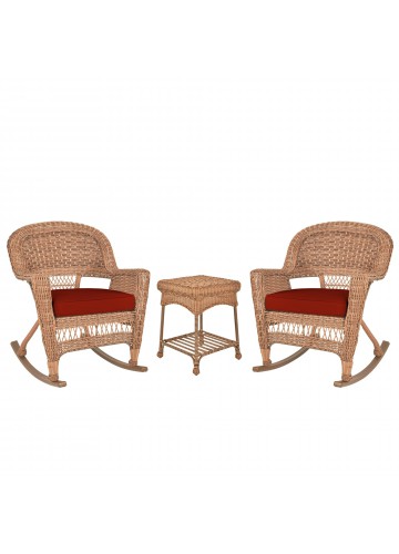3pc Honey Rocker Wicker Chair Set With Brick Red Cushion