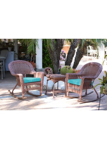 3pc Honey Rocker Wicker Chair Set With Sky Blue Cushion