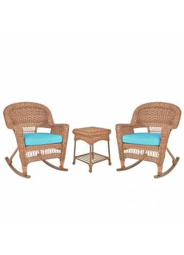 3pc Honey Rocker Wicker Chair Set With Sky Blue Cushion