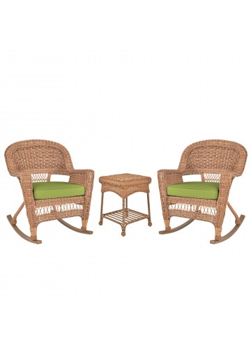 3pc Honey Rocker Wicker Chair Set With Sage Green Cushion
