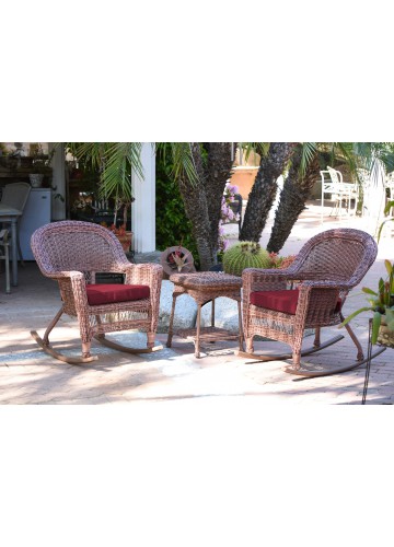 3pc Honey Rocker Wicker Chair Set With Red Cushion