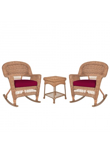 3pc Honey Rocker Wicker Chair Set With Red Cushion