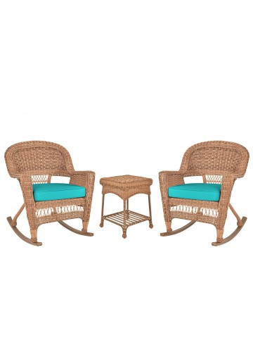 3pc Honey Rocker Wicker Chair Set With Turquoise Cushion
