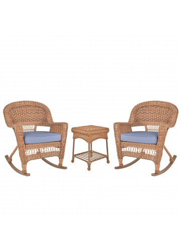 3pc Honey Rocker Wicker Chair Set With Steel Blue Cushion