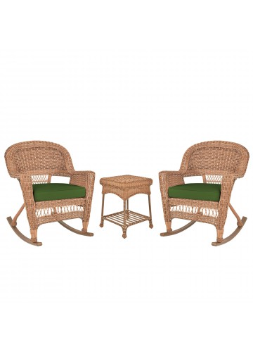 3pc Honey Rocker Wicker Chair Set With Hunter Green Cushion