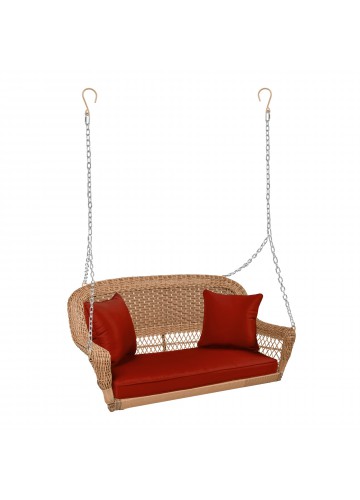 Honey Resin Wicker Porch Swing with Brick Red Cushion