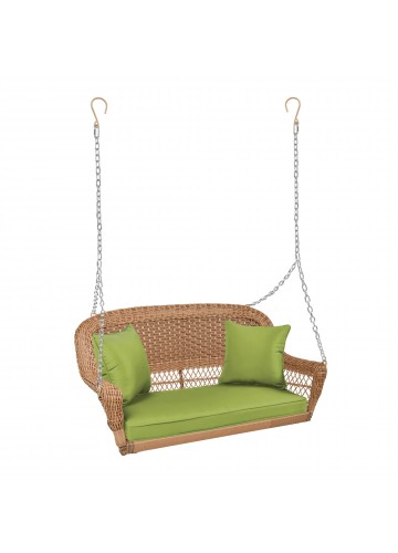 Honey Resin Wicker Porch Swing with Sage Green Cushion