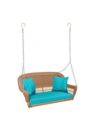 Honey Resin Wicker Porch Swing with Turquoise Cushion