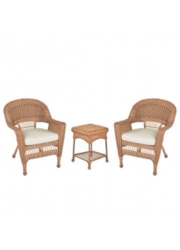 Honey Wicker Chair And End Table Set With Ivory Chair Cushion