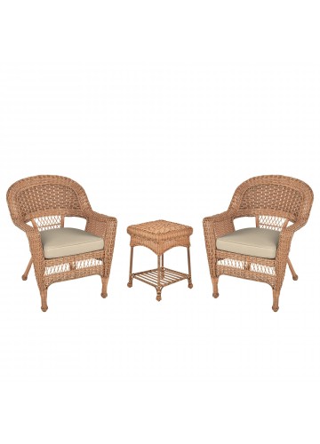 Honey Wicker Chair And End Table Set With Tan Chair Cushion