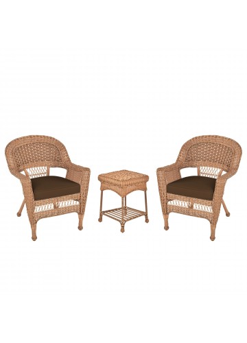 Honey Wicker Chair And End Table Set With Brown Chair Cushion
