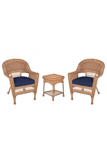 Honey Wicker Chair And End Table Set With Midnight Blue Chair Cushion
