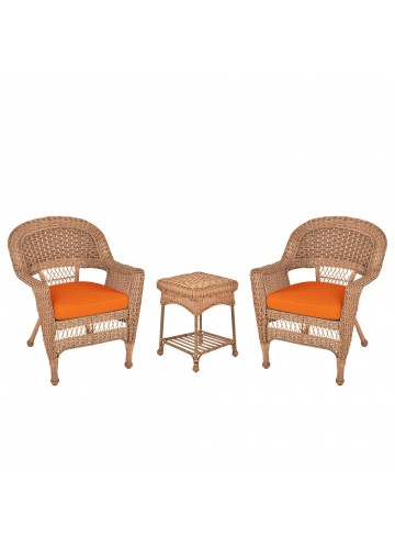 Honey Wicker Chair And End Table Set With Orange Chair Cushion