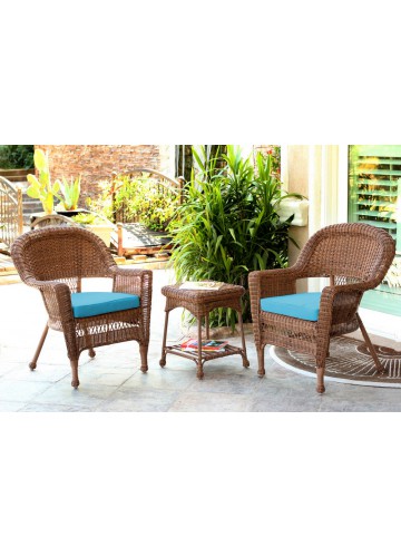 Honey Wicker Chair And End Table Set With Sky Blue Chair Cushion