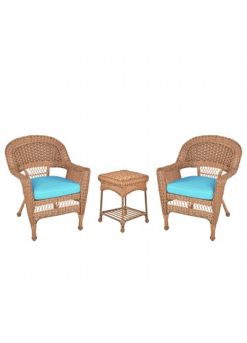 Honey Wicker Chair And End Table Set With Sky Blue Chair Cushion