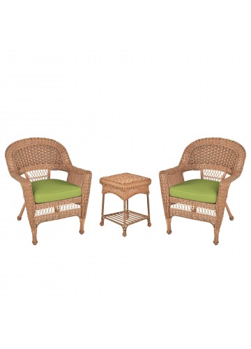 Honey Wicker Chair And End Table Set With Sage Green Chair Cushion