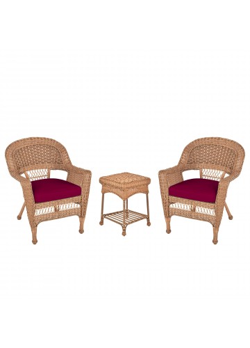 Honey Wicker Chair And End Table Set With Red Chair Cushion
