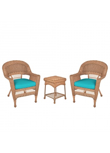 Honey Wicker Chair And End Table Set With Turquoise Chair Cushion