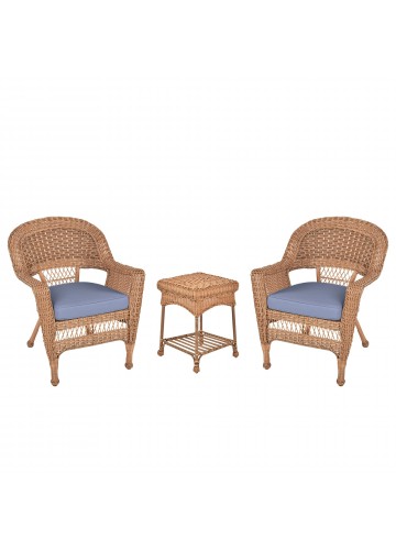 Honey Wicker Chair And End Table Set With Steel Blue Chair Cushion