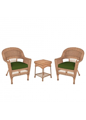 Honey Wicker Chair And End Table Set With Hunter Green Chair Cushion