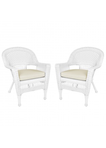 White Wicker Chair With Ivory Cushion - Set of 2