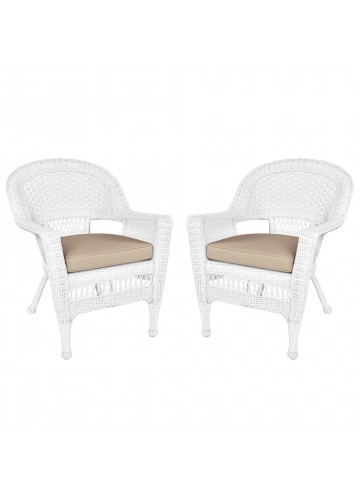 White Wicker Chair With Tan Cushion - Set of 2
