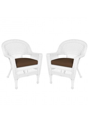 White Wicker Chair With Brown Cushion - Set of 2