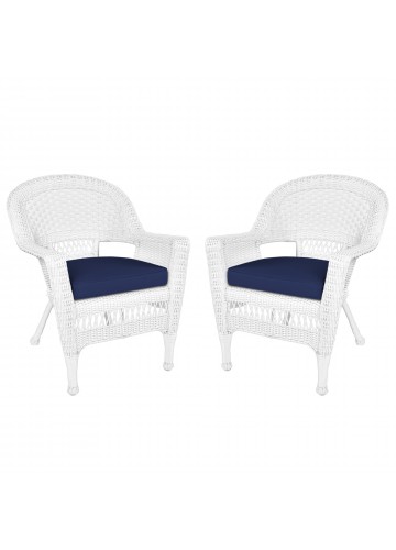 White Wicker Chair With Midnight Blue Cushion - Set of 2