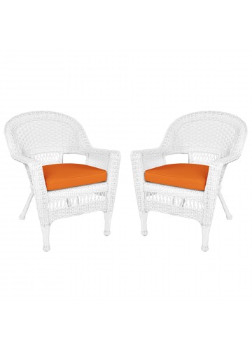 White Wicker Chair With Orange Cushion - Set of 2