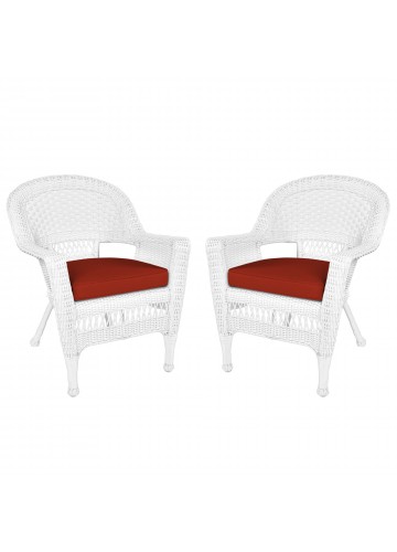 White Wicker Chair With Brick Red Cushion - Set of 2