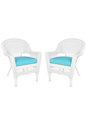 White Wicker Chair With Sky Blue Cushion - Set of 2