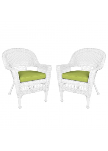 White Wicker Chair With Sage Green Cushion - Set of 2