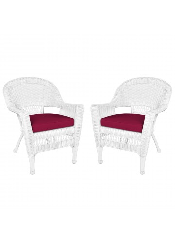 White Wicker Chair With Red Cushion - Set of 2