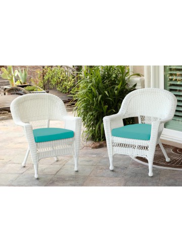 White Wicker Chair With Turquoise Cushion - Set of 2