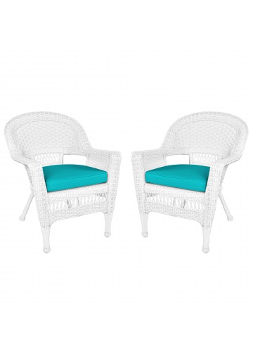 White Wicker Chair With Turquoise Cushion - Set of 2